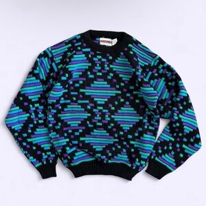 Vintage 90s Argyle Sweater Black Multicolor Made in USA Barrel Knit